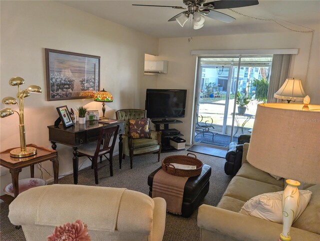 carpeted living area featuring a ceiling fan and a wall mounted AC