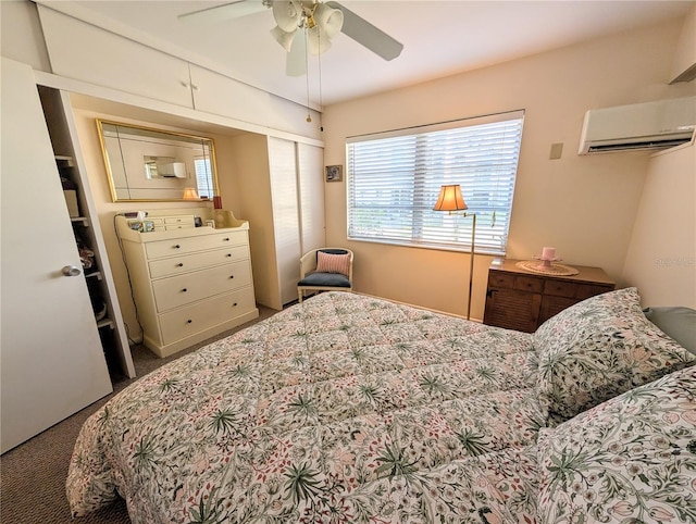 bedroom featuring a wall mounted air conditioner, a closet, carpet floors, and a ceiling fan