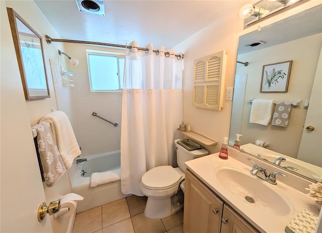 full bathroom featuring vanity, shower / bath combination with curtain, toilet, and tile patterned floors