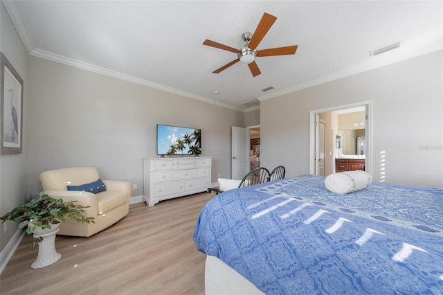 bedroom with visible vents, a ceiling fan, light wood-style floors, crown molding, and baseboards