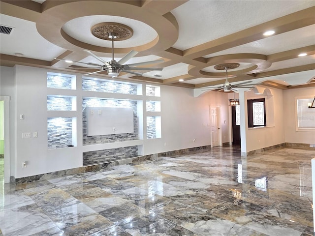 unfurnished living room with baseboards, coffered ceiling, marble finish floor, and a ceiling fan