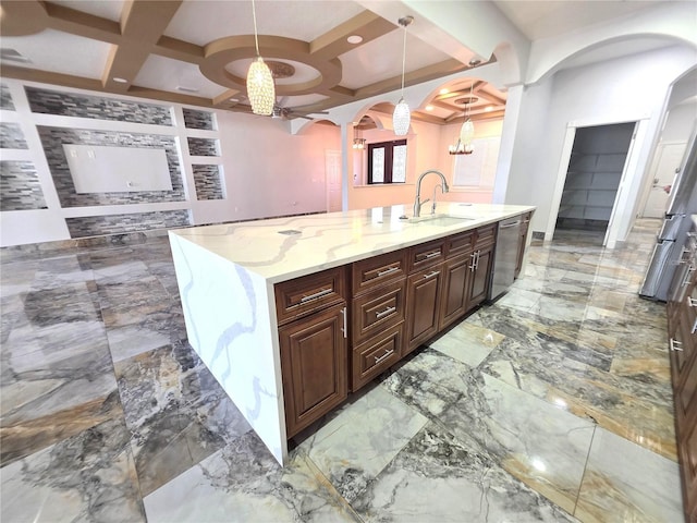 kitchen with an inviting chandelier, arched walkways, a sink, dishwasher, and marble finish floor