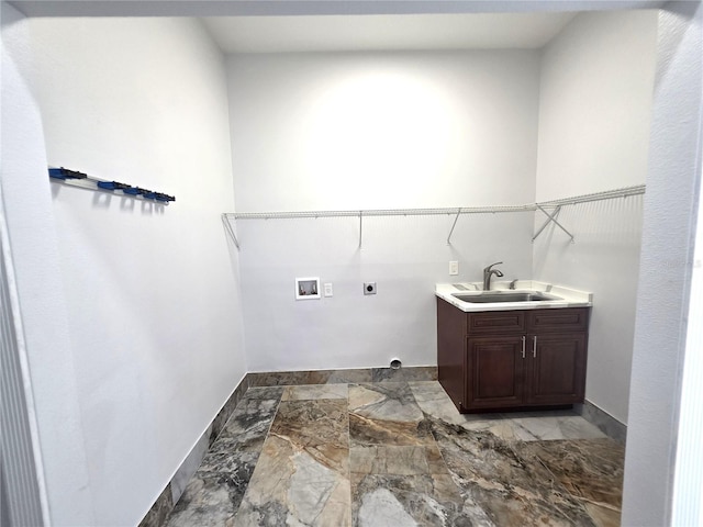 laundry area featuring hookup for a washing machine, cabinet space, hookup for an electric dryer, marble finish floor, and a sink