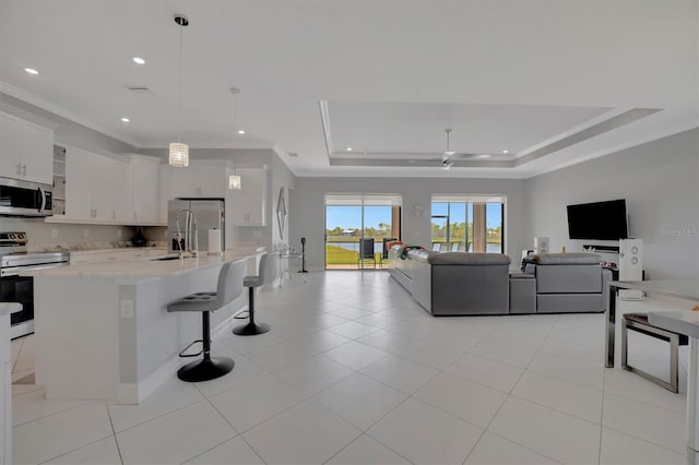 kitchen with stainless steel appliances, a raised ceiling, a breakfast bar area, and open floor plan