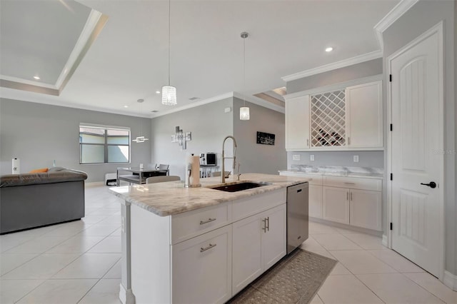 kitchen featuring a sink, open floor plan, crown molding, light tile patterned floors, and dishwasher