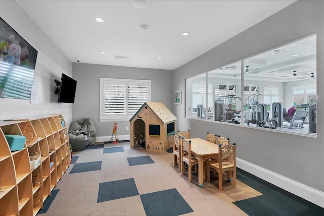 game room with visible vents, recessed lighting, baseboards, and carpet floors