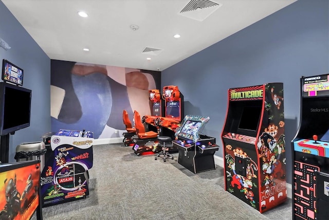 recreation room featuring recessed lighting, carpet, visible vents, and baseboards