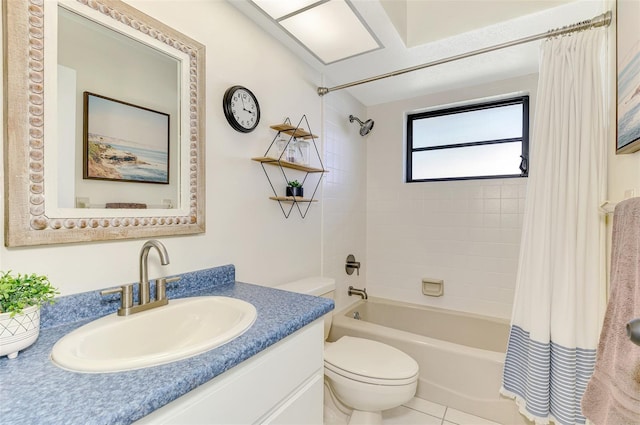 full bath featuring vanity, toilet, shower / bath combo, and tile patterned flooring