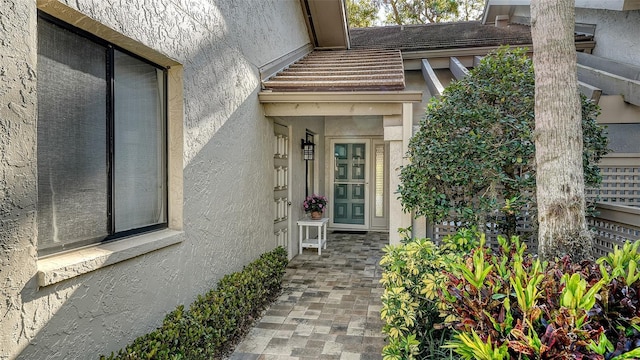 view of exterior entry featuring stucco siding