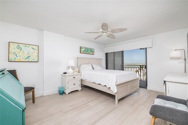 bedroom with access to outside, a ceiling fan, baseboards, and light wood finished floors