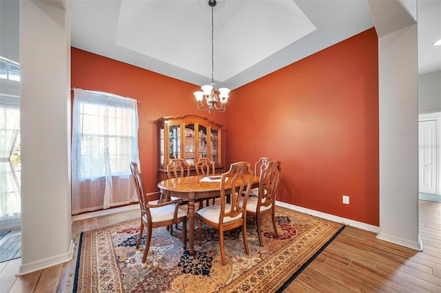 2114 147th Ct E, Bradenton, FL 34212 - dining area featuring a raised ceiling, baseboards, wood finished floors, and a healthy amount of sunlight