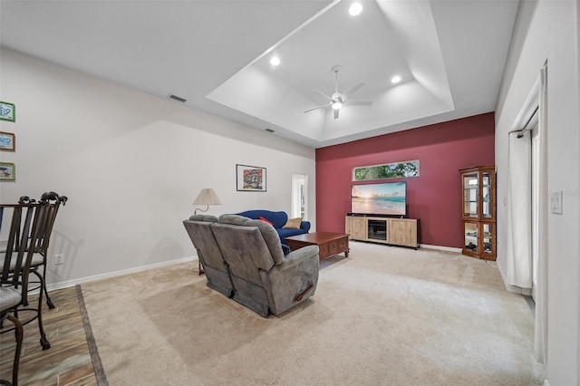 2114 147th Ct E, Bradenton, FL 34212 - living room featuring recessed lighting, carpet floors, visible vents, a tray ceiling, and ceiling fan