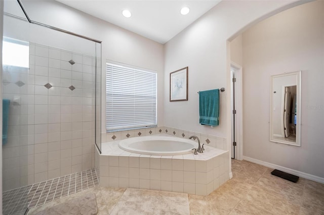 2114 147th Ct E, Bradenton, FL 34212 - full bath with a tile shower, recessed lighting, tile patterned flooring, and a garden tub