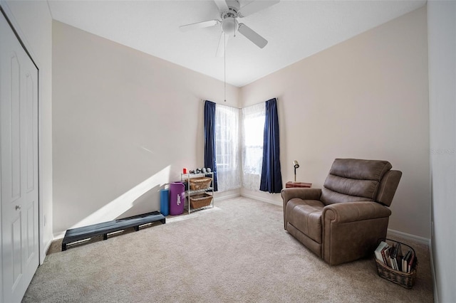 2114 147th Ct E, Bradenton, FL 34212 - sitting room featuring ceiling fan, carpet flooring, and baseboards