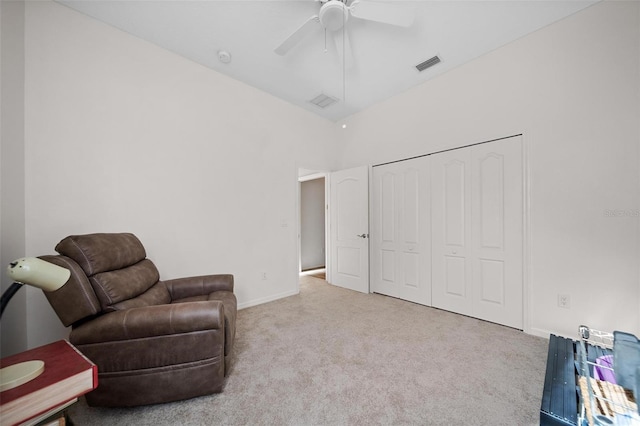 2114 147th Ct E, Bradenton, FL 34212 - sitting room with visible vents, baseboards, a ceiling fan, and carpet