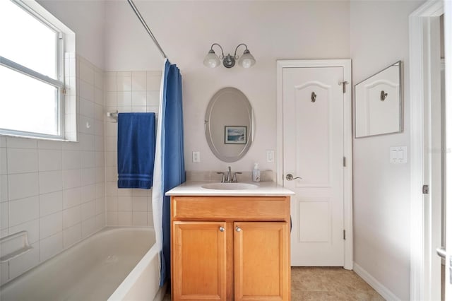 2114 147th Ct E, Bradenton, FL 34212 - bathroom featuring shower / bathtub combination with curtain, vanity, and tile patterned flooring