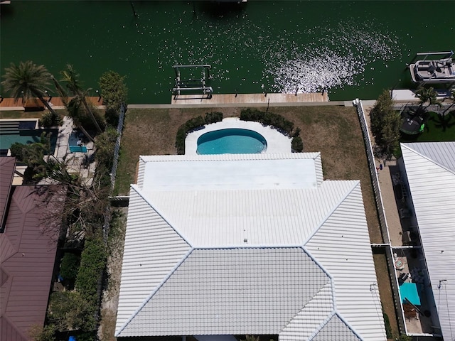 drone / aerial view with a water view