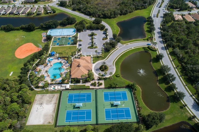 aerial view featuring a water view