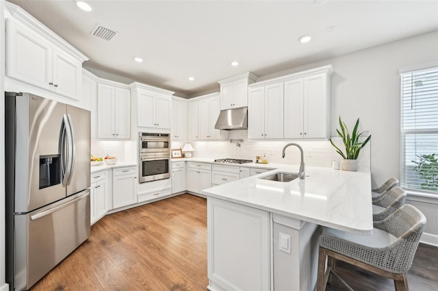 kitchen featuring a sink, under cabinet range hood, appliances with stainless steel finishes, a peninsula, and light wood finished floors