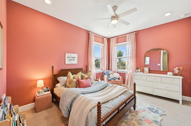 carpeted bedroom with recessed lighting, baseboards, and a ceiling fan