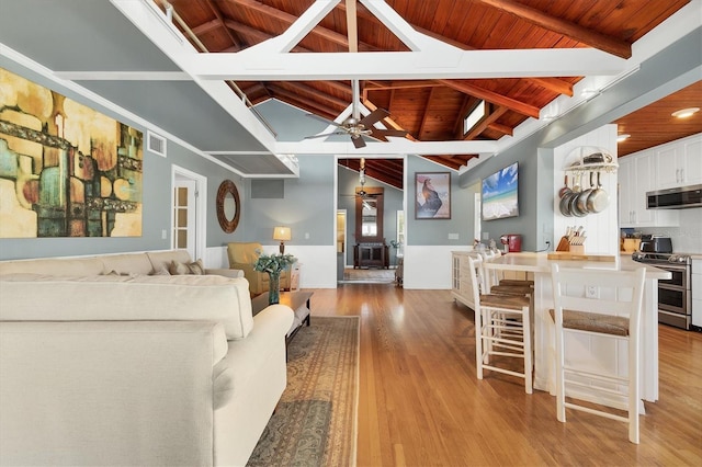 living area featuring visible vents, a ceiling fan, light wood-style floors, wood ceiling, and vaulted ceiling with beams