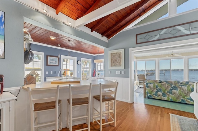 kitchen featuring a wainscoted wall, lofted ceiling with beams, light wood finished floors, wood ceiling, and a healthy amount of sunlight