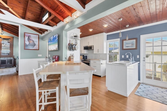 kitchen with light wood finished floors, stainless steel microwave, lofted ceiling with beams, wooden ceiling, and white cabinetry