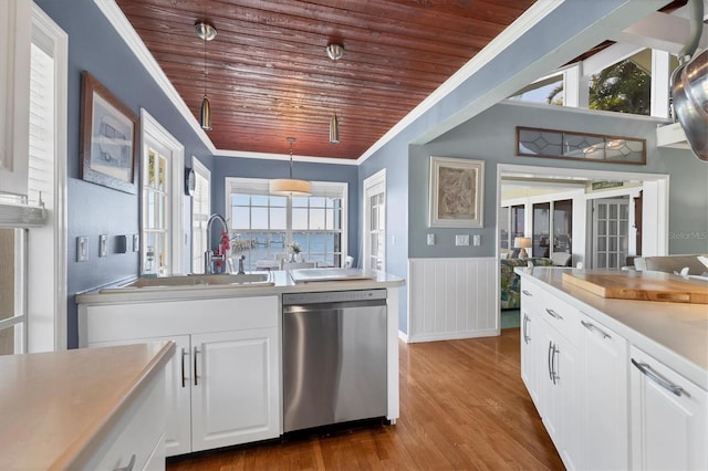 kitchen featuring a sink, wooden ceiling, white cabinets, crown molding, and dishwasher