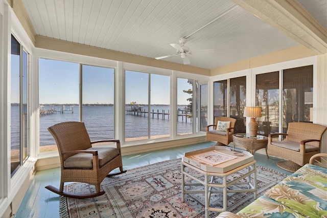 sunroom / solarium featuring wood ceiling, a water view, and ceiling fan