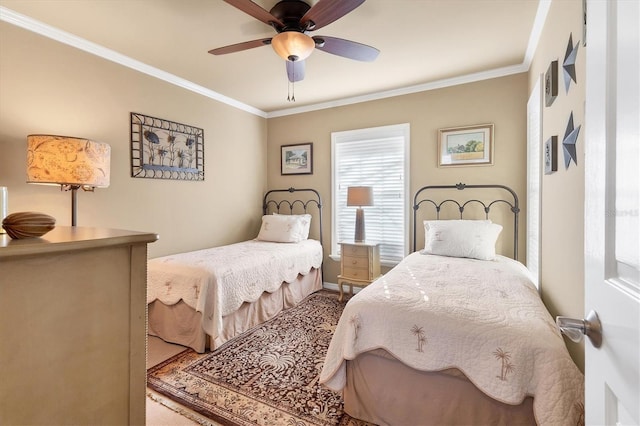 bedroom featuring a ceiling fan and ornamental molding