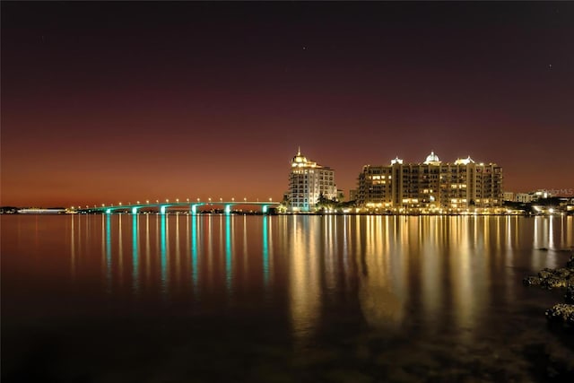 view of water feature with a view of city lights