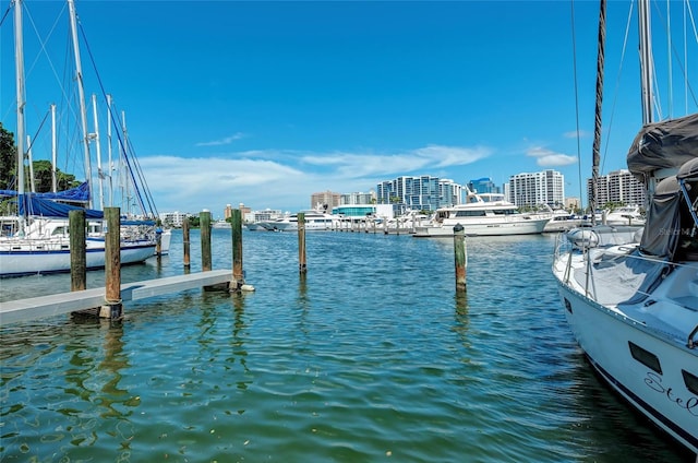 dock area featuring a view of city and a water view