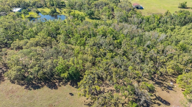 birds eye view of property with a water view and a view of trees