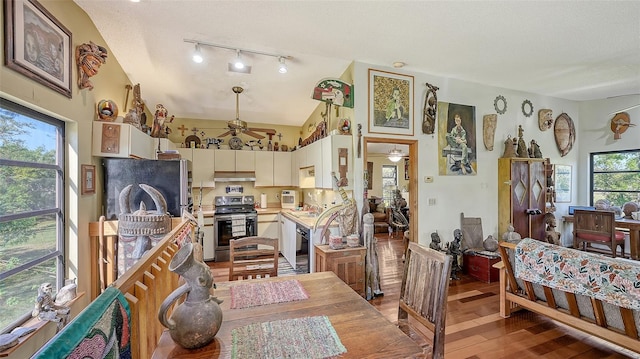 kitchen with ceiling fan, under cabinet range hood, vaulted ceiling, light wood-style flooring, and electric stove