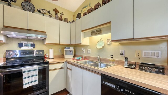 kitchen featuring stainless steel electric range, a sink, light countertops, under cabinet range hood, and dishwasher