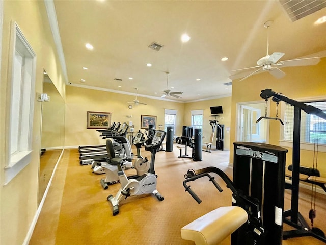 gym with recessed lighting, baseboards, visible vents, and ornamental molding