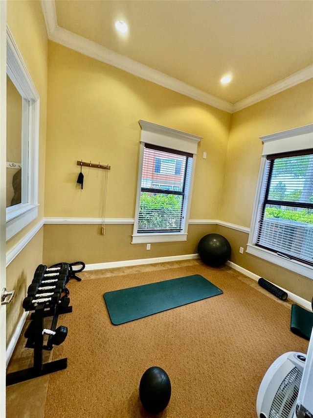 exercise area with crown molding, carpet, baseboards, and a healthy amount of sunlight