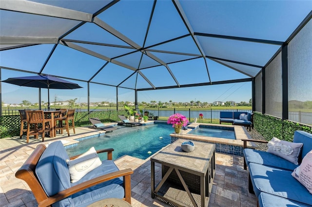 view of pool featuring an outdoor living space, a jacuzzi, a patio, and fence