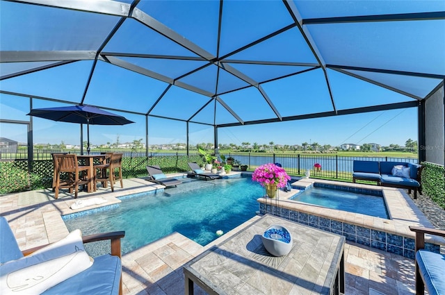 view of swimming pool featuring a patio area, outdoor dining area, outdoor lounge area, and fence