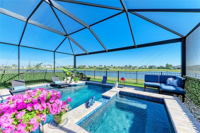 view of pool with a fenced in pool, a fenced backyard, outdoor lounge area, and a patio area