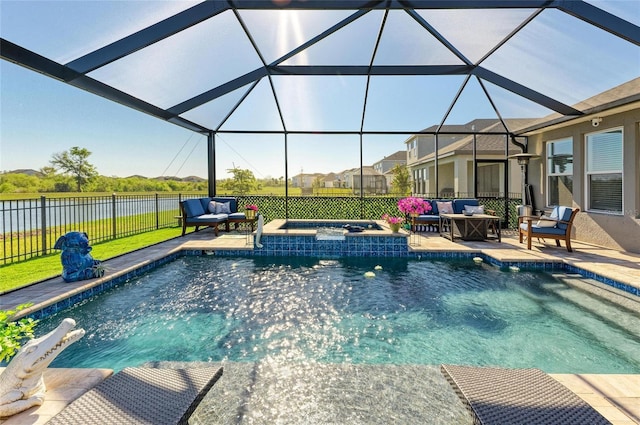 view of swimming pool featuring a patio area, an outdoor hangout area, and fence