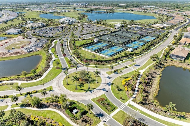 drone / aerial view featuring a water view