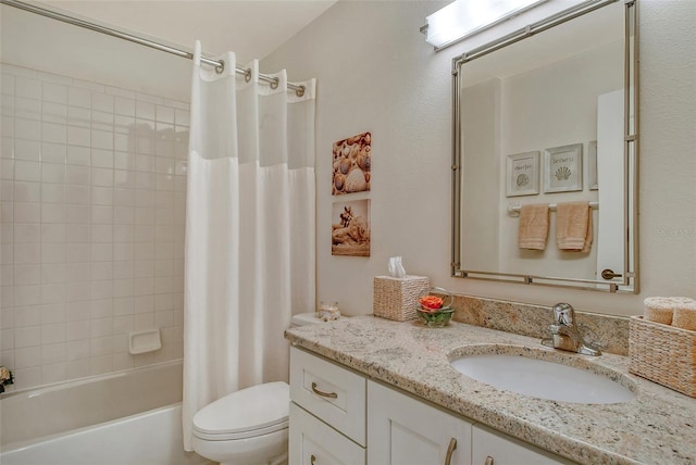 full bath with vanity, toilet, and shower / bathtub combination with curtain