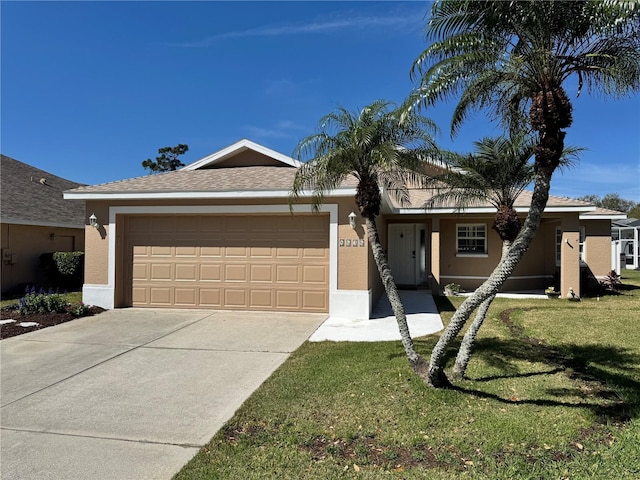 ranch-style home featuring concrete driveway, an attached garage, a front lawn, and stucco siding