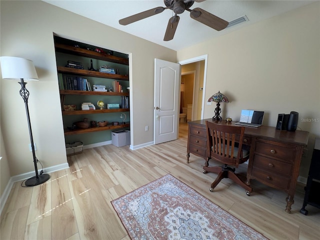 home office with light wood-type flooring, visible vents, baseboards, and a ceiling fan