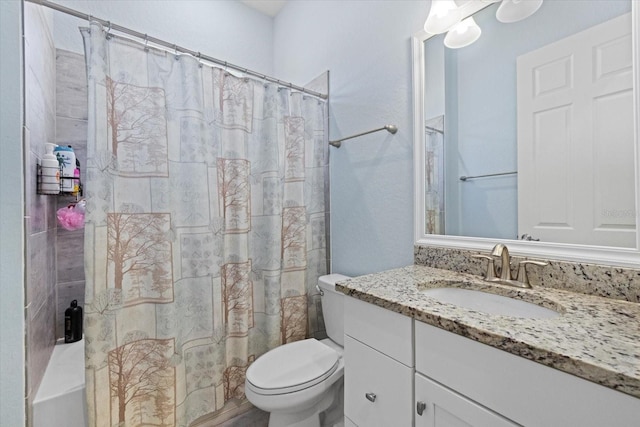 full bathroom with a shower with shower curtain, toilet, and vanity