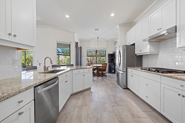 kitchen with under cabinet range hood, stainless steel appliances, ornamental molding, and a sink