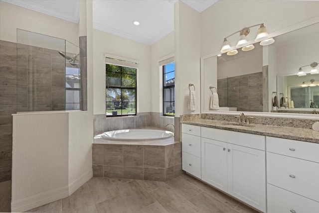 bathroom featuring walk in shower, ornamental molding, and a bath