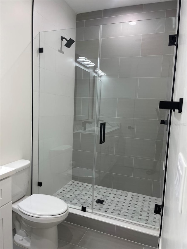 bathroom featuring a shower stall, toilet, and vanity