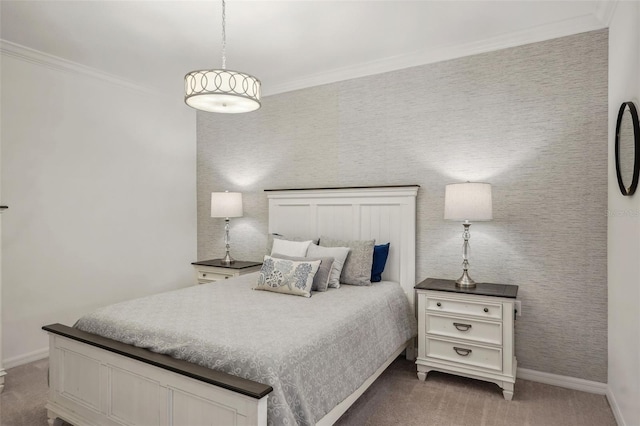 bedroom with wallpapered walls, carpet, baseboards, and ornamental molding